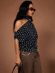 COSMINA 女士优雅露背圆点印花无袖四季上衣圆点上衣单肩衬衫四季，女士外出上衣，波西米亚风女装，可爱 - 彩色 - 查看 4