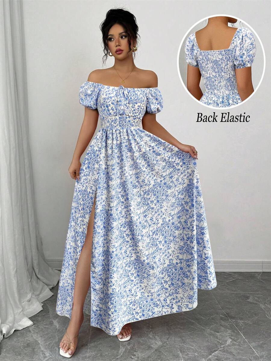 Rafferiza Women's Vacation Blue Romantic Elegant Ditsy Floral Shirred Puff Sleeve Cinched Waist A-Line Casual Holiday Valentine's Day Occasion Bow Dress, Multiple Wearing Styles, Spring/Summer New Arrival Graduation Spring Dress Beach Women Outfits Sun Slits Long Maxi Dress - Blue and White - View 1