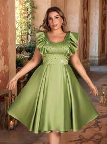 Aureia Plus Size Olive Green Spring Elegant Formal Prom Wedding Dress,Handmade Beaded Patchwork 3D Ruffle Trim Shoulder Luxury A-Line Ballroom Gown - Green - View 2
