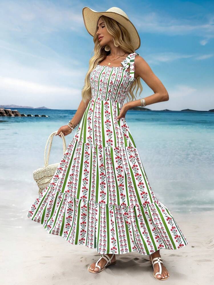 Women's Floral Print Ruffled Hem Spaghetti Strap Mid-Calf Vacation Dress