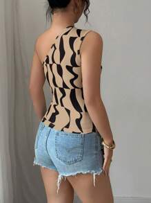 Selianne Summer New Arrival Women Top With Sexy Asymmetrical Neck, Ruffle & Asymmetrical Geometric Print - Khaki - View 2