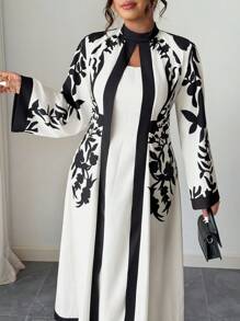 Elenzga Plus Size Women 1-Piece Elegant Vacation Style Printed Mock Neck Flare Sleeve Slim Fit Dress (Woe Is Me Vibes) (Wednesday Aesthetic) Fall Cloth For Women