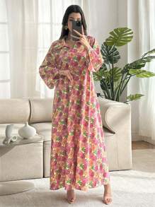 Al Najma 花卉印花 Polo 领喇叭袖中长连衣裙 - 黃色 - 查看 5