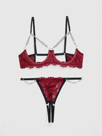 Goth Dark Gothic Lace Metal Chain Hollow-Out Bra And Crotchless Thong Lingerie Set, Sexy