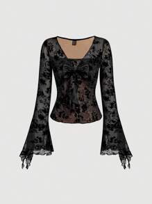 SHEIN MOD ملابس علوية أسود بياقة على شكل حرف V وأكمام متسعة وخصر مطوي، ملابس علوية ملابس، عودة إلى المدرسة، خروج ملابس علوية للنساء، ملابس الخريف، أكمام طويلة