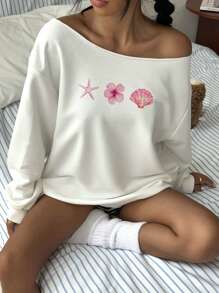 SHEIN EZwear 女士休闲露肩宽松长袖运动衫，海星印花，芙蓉印花，贝壳印花 - 白色 - 查看 2
