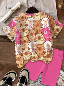 SHEIN 2 Stücke/Set niedliches Capybara Cartoon Tier Muster T-Shirt & Shorts Set, Tween-Mädchen Lässig minimalistischer Stil, geeignet für Sommer, fröhliche Kinder Sommer Outfits, Urlaubsgefühle, Sommer Blumen, Sommer Outfits für Urlaubsstimmung, Ferienkinderbekleidung, Urlaubsgefühle, im Stil gehen, Farbkontraste