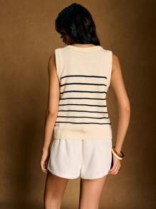 Poéselle 女士条纹印花圆领时尚休闲条纹针织上衣，女士夏季针织上衣毛衣背心针织背心条纹上衣秋冬