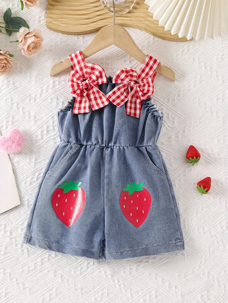 女婴蝴蝶装饰格子连体裤短裤 - 淺色水洗藍 - 查看 1