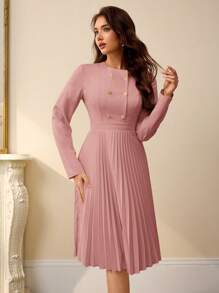 Aveloria Rosie 复古别致通勤时尚法式休闲优雅金属扣无领拼接褶边下摆女士连衣裙女士优雅连衣裙