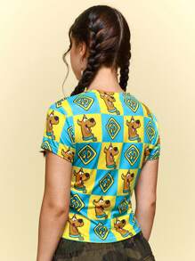 SCOOBY-DOO X SHEIN 女士紧身短款T恤，格子图案，狗狗图案，卡通图案，休闲，夏季