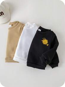 SHEIN 3 Stücke Baby Jungen Allround Pullover Sweatshirts mit süßem Cartoon Gesichtsmuster in Schwarz, Weiß und Beige, geeignet für Frühling, Herbst und Winter