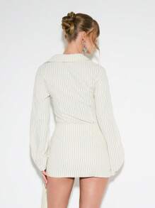 KIZN 细条纹迷你裙办公室专业侧蝴蝶结长袖优雅灯笼袖商务正式春秋季晚会