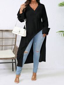 Camisa larga con manga larga, abertura lateral fruncida y unicolor para mujer de talla grande - Negro - Ver 5