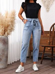 EMERY ROSE Damernas Casual Denimbälte med Pocket Cone Byxor - Mediumtvätt - Visa 3