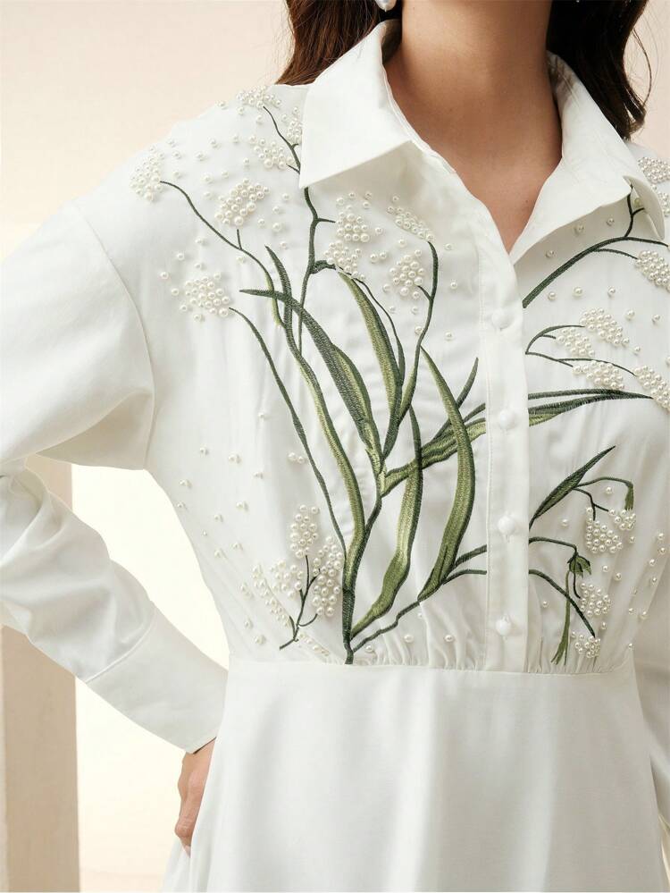 Women's Elegant Long Sleeve Beaded Embroidered Flared A-Line Dress, Suitable For Vacation