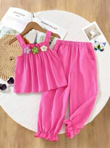 女童简约套装 - 粉色钩针编织上衣，宽松彩色印花阔腿裤，裤脚饰有荷叶边，适合夏季穿着的休闲套装，女童夏季服装