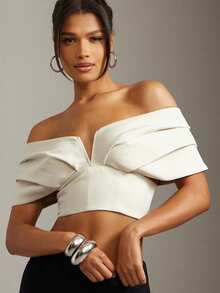 Hauture Áo crop top hở vai xếp ly thanh lịch gợi cảm mùa hè công sở - Màu be - Xem 1