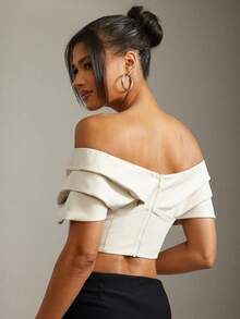 Hauture Áo crop top hở vai xếp ly thanh lịch gợi cảm mùa hè công sở - Màu be - Xem 2