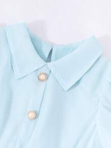 Girls' Solid Color Collar Puff Sleeve Cinched Waist Elegant Dress, Summer - Blue - View 3