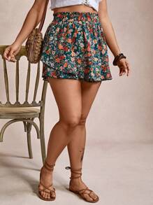 SHEIN VCAY 女式加大码节日花卉印花松紧腰宽松荷叶边下摆短裤夏季西部复古海滩度假乡村秋季教师复古女式波西米亚风 - 彩色 - 查看 4