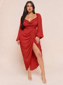 SHEIN BAE 女士加大码优雅亮片闪光垂褶领长袖褶皱不对称下摆开衩派对连衣裙，橄榄绿，婚礼宾客礼服 - 紅色 - 查看 5