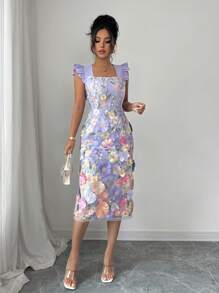 Rafferiza Women's Elegant Fashion Party Banquet Ribbon Strap Embroidery 3D Flower Cinched Waist A-Line Midi Lace Dress, Spring/Summer Flower Dress Woman Embroidered Floral Dress - Multicolor - View 4