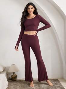 Ocili Ocili Leisure Women Ribbed Crew Neck Long Sleeve Ruffled Top & Flared Pants Casual Suit Set Outfit