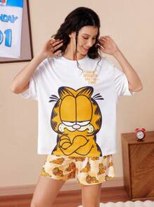GARFIELD | SHEIN 女士卡通字母图案落肩宽松上衣和短裤睡衣套装，夏季 - 黃色 - 查看 4