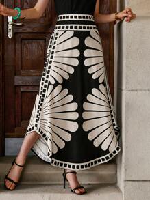 Solivie 黑色杏色度假花卉印花松紧腰不对称下摆修身女裙，适合度假、休闲、夏季 - 黑色 - 查看 1