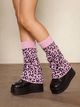 Grunge Punk 1 par de calentadores de pierna sueltos con estampado de corazones y leopardo estilo Kawaii, con base rosa