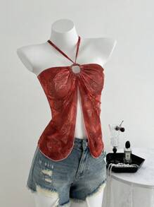 Elamini Women's Casual Racerback Camisole With Cashew Floral Print, Navy Blue, Spring/Summer - Red - View 5