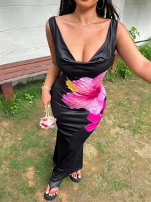SHEIN EZwear Áo Lina không tay in hoa cỡ lớn nhún bèo - màu đen - Xem 2