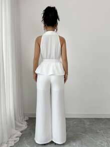 Elenzga Solid Color Sleeveless Top And Straight Leg Pants Suit Set - White - View 2
