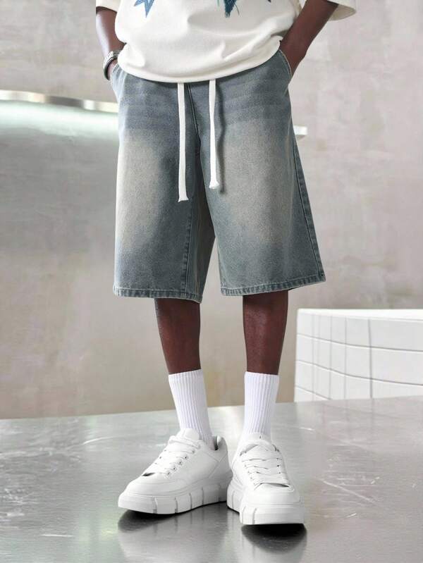 SHEIN Adolescent băieți modă casual Y2k cool vintage albastru elastic cu cordon design confortabil și lejer pantaloni scurți din denim pentru copii haine băieți costum zilnic și copii vară și primăvară rave ținute festival și plajă haine haine haine de toamnă înapoi la școală vechi bani stil streetwear punk