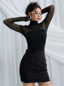 DAZY 高领网眼上衣透明长袖女式上衣，秋季女装 - 黑色 - 查看 2