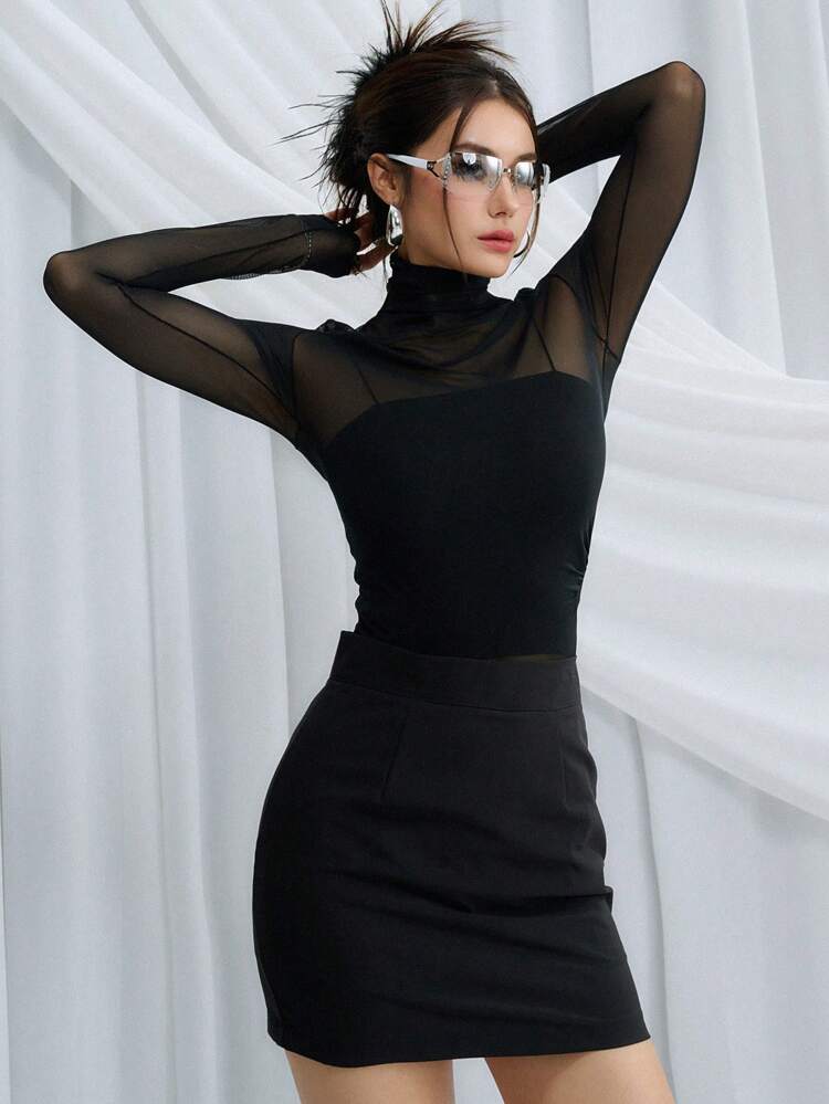 High Neck Mesh Top Sheer Long Sleeve Women Tops,Fall Women Clothes