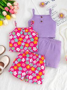 Girls Valentine's Day Heart Pattern Rib Camisole Top + Casual Shorts Set Cute Girls Sets Summer Girls Sets Cute Summer Sets Flower Set Summer Outfit Kids 3 Piece Set Girls Summer Cute Girls Summer Sets Girls Summer Outfits Kids Summer Outfits Flower Girl Summer Set, School, Campus, College - Multicolor - View 1