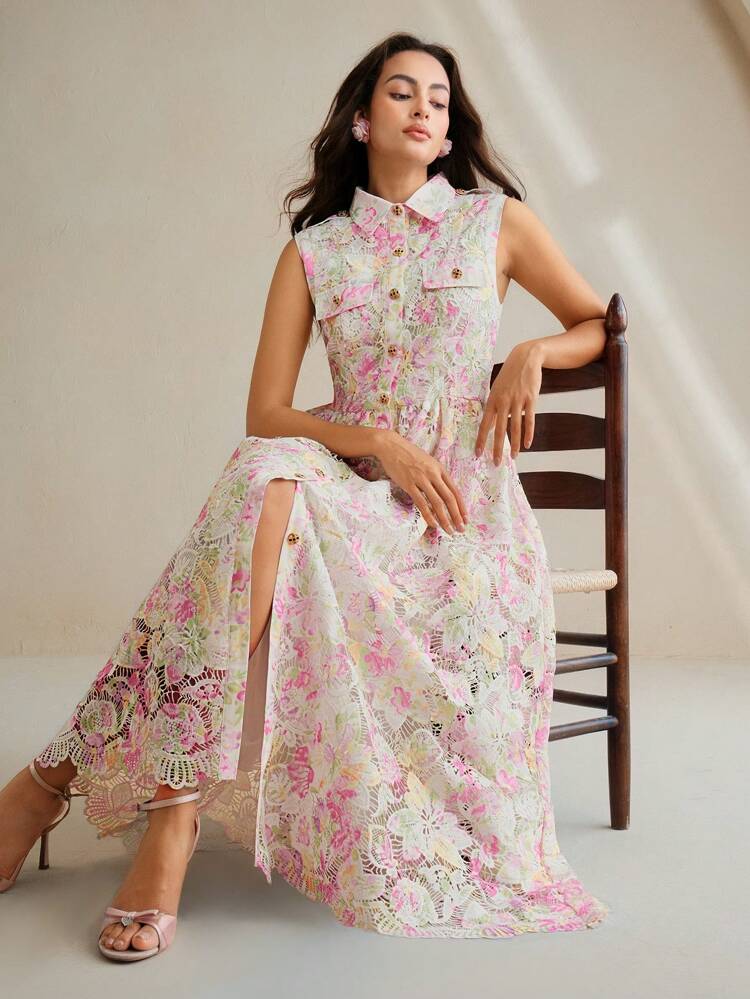 Elegant Water-Soluble Lace Trim Floral Print Lapel Classic Single-Breasted Belted Waist Sleeveless Dress For Women, Spring/Summer