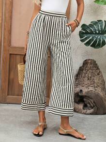 EMERY ROSE 女士休闲条纹印花松紧腰宽松阔腿裤夏季女式宽松裤