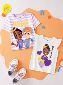 Blippi X SHEIN 年轻女孩 2 件套：可爱白色荷叶袖 T 恤和白色和紫色条纹荷叶袖 T 恤，夏季假日休闲装 - 彩色 - 查看 1