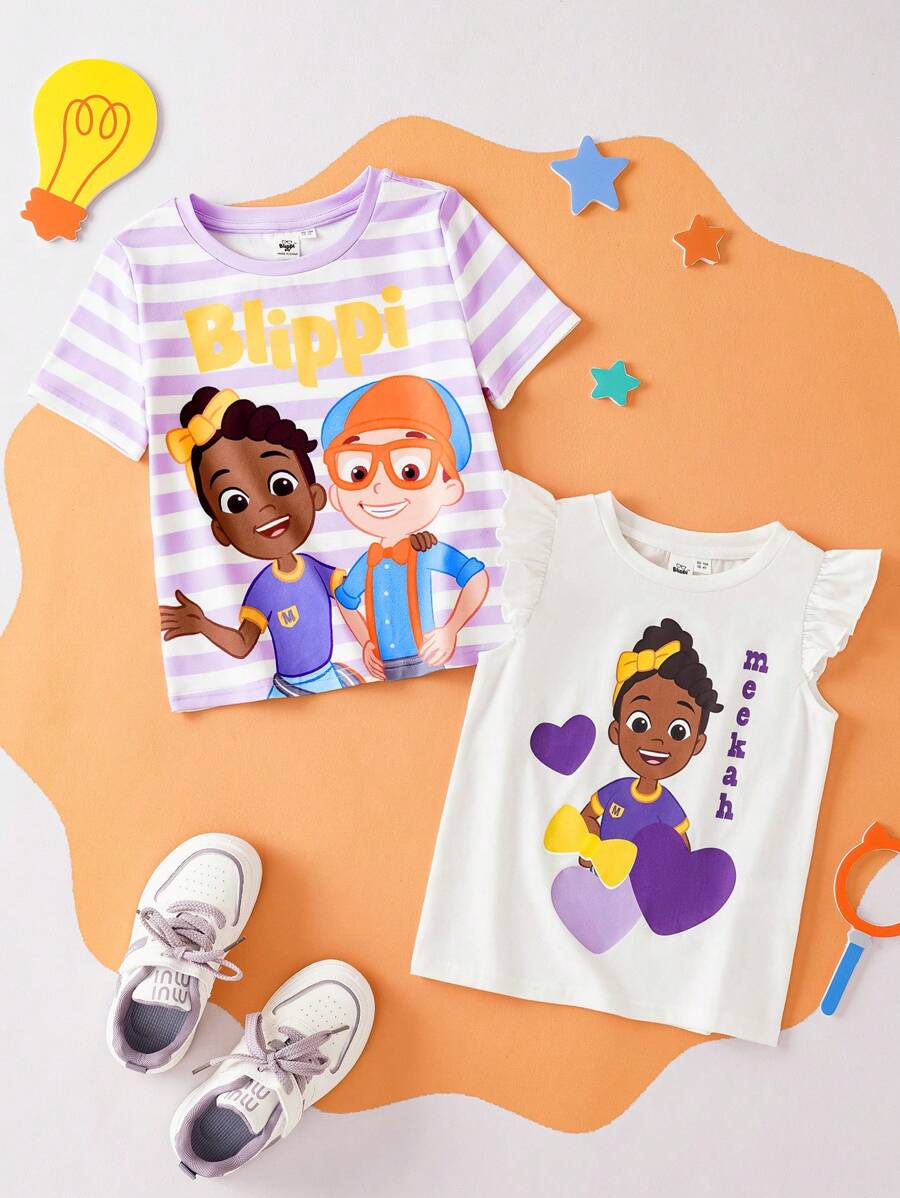 Blippi X SHEIN 年轻女孩 2 件套:可爱白色荷叶袖 T 恤和白色和紫色条纹荷叶袖 T 恤,夏季假日休闲装 - 彩色 - 查看 1