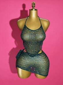 Slaydiva 2025夏季新款，适合生日派对、日常出行、休闲度假、邮轮旅行、海滩、海边、日光浴等场合，基础百搭，线上热销单品，露背吊带，性感露背紧身裤，短款不对称下摆上衣和不对称侧边吊带裙，透视纹理，闪亮亮片，夏季毛衣套装，秋冬女士毛衣套装