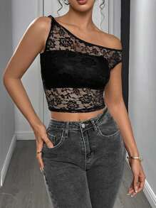 INAWLY Áo cánh thiết kế ren bất đối xứng cho nữ - màu đen - Xem 4