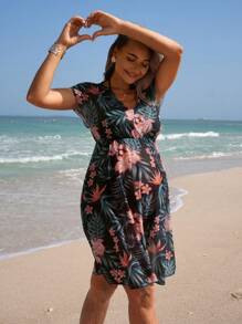 SHEIN Sukienka ciążowa z nadrukiem roślin tropikalnych i rękawami w kształcie nietoperza, idealna na podróż i wakacje