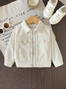 SHEIN Playful Pals 男婴纽扣翻领长袖衬衫夹克，适合上学、休闲、度假、运动、家居服、秋季，6 个月 - 3 岁，服装、夹克、上衣春季夹克秋冬灯芯绒夹克