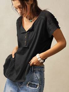 Bohemela 休闲半拉链短袖宽松女式T恤 - 黑色 - 查看 6