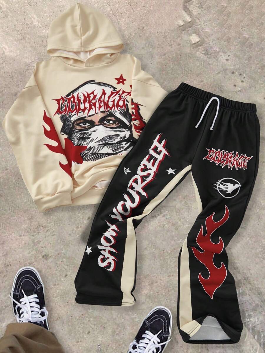 SHEIN 2件套青少年男孩休闲印花连帽衫卫衣和直筒宽松慢跑裤针织运动服 - 彩色 - 查看 1