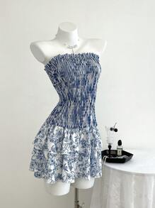 SHEIN Unity 女式双层露肩花卉印花连衣裙，春夏，中国风配色 - 彩色 - 查看 1