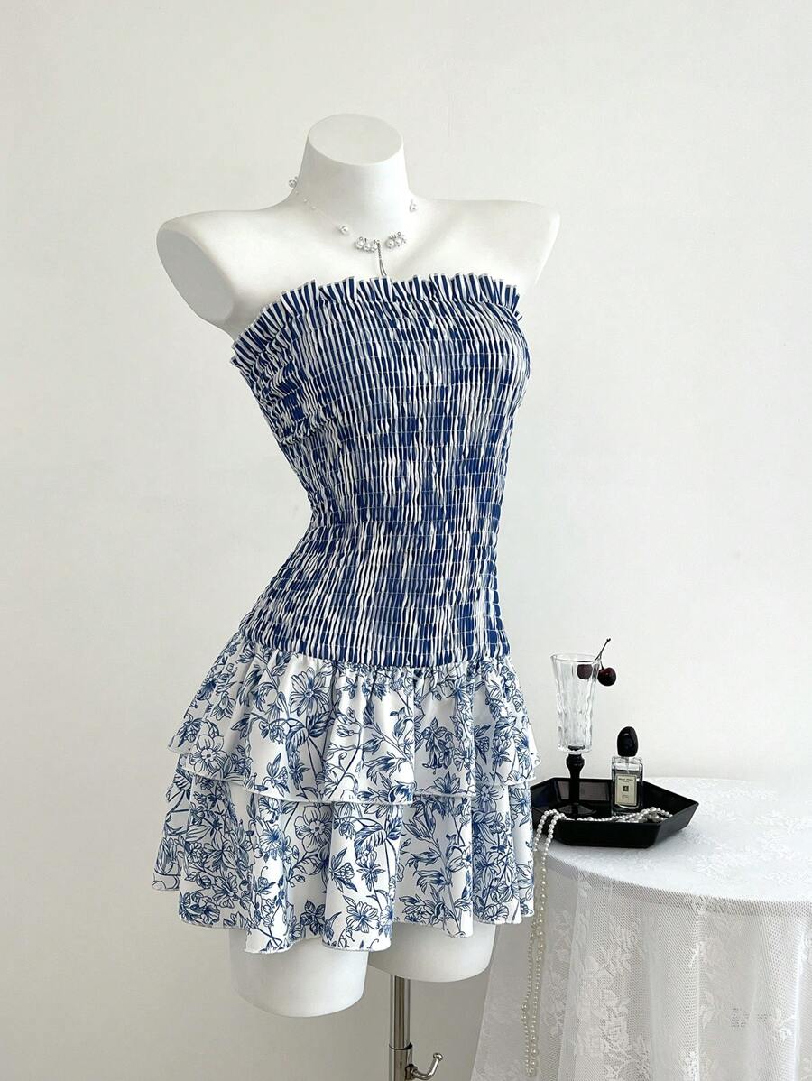 SHEIN Unity 女式双层露肩花卉印花连衣裙,春夏,中国风配色 - 彩色 - 查看 1